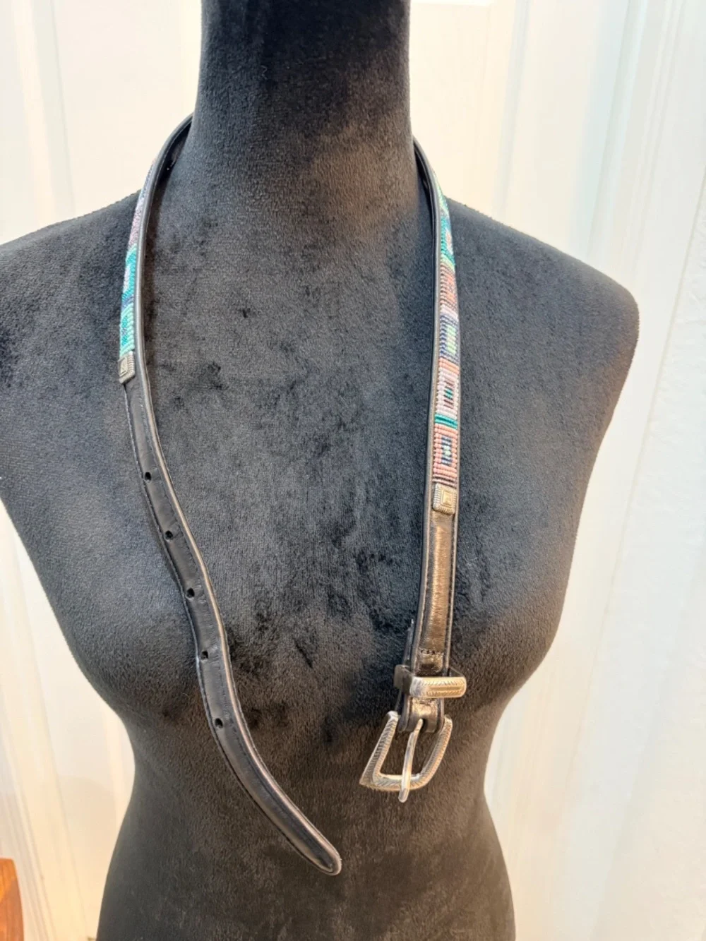Vintage‎ Beaded Leather Belt 7/8” Native Motif Size S 28 Boho Western